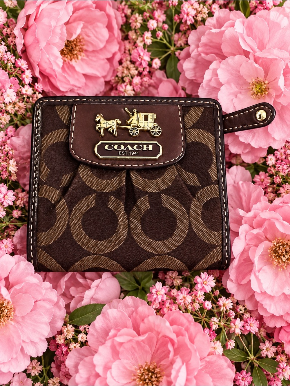 Coach Brown Signature C Pleated Compact Wallet